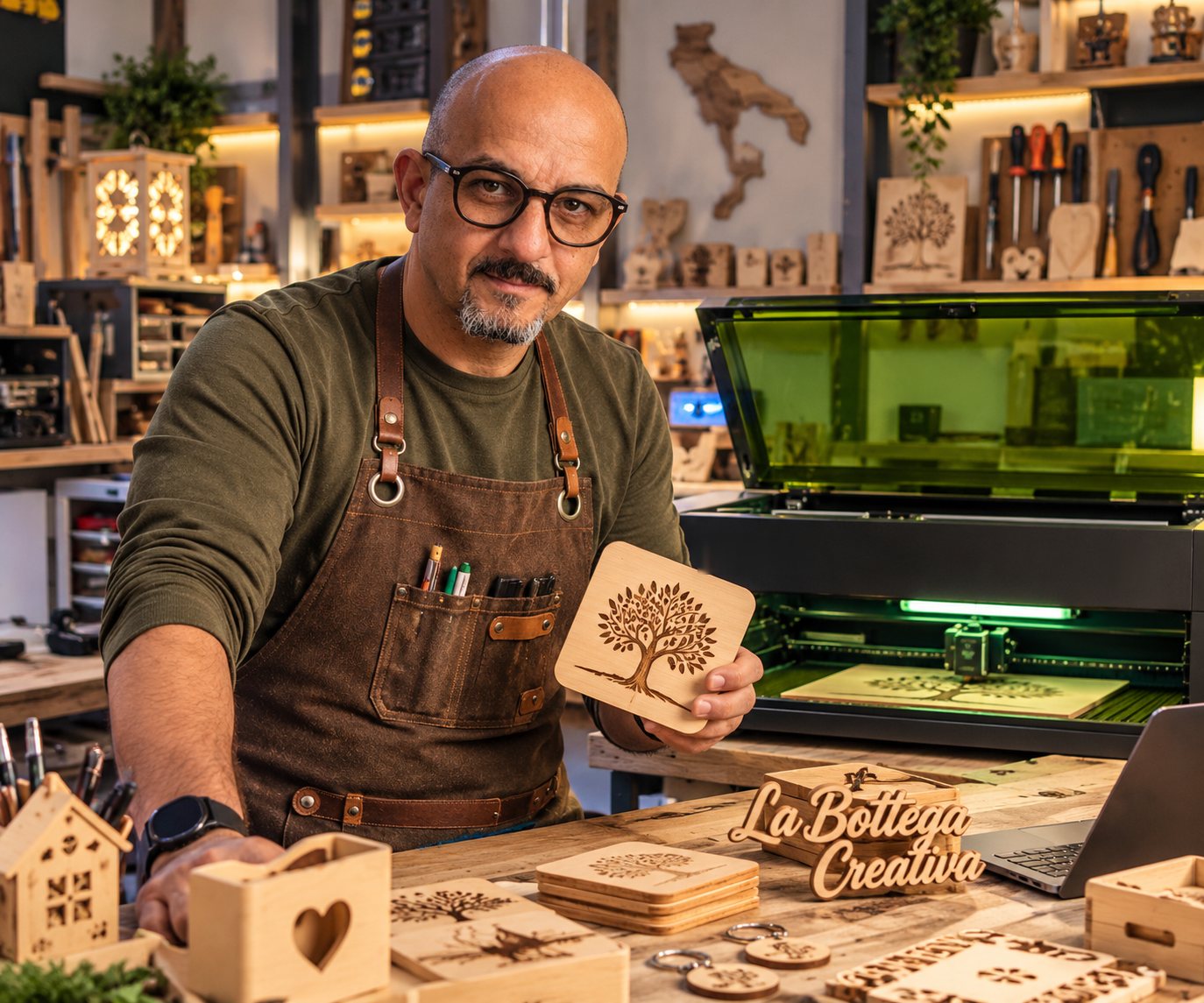 Bartolo nel laboratorio con un sottobicchiere inciso con l'albero della vita, accanto al laser e ad altri lavori in legno
